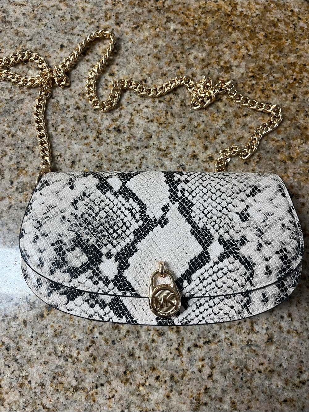 Michael Kors Black & White Snake-Print Crossbody with Gold Chain